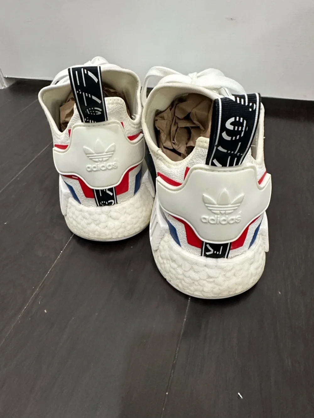 adidas White NMD R1 with Black Stripes and Red/Blue Accents SZ 14